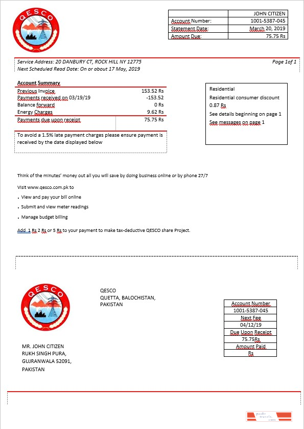 Pakistan Quetta Electric Supply Company electricity bill in Word format